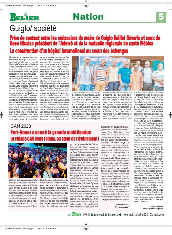 Le Bélier, 21 février 2024 — page de journal consacrée à ADEWE et à la mutuelle Wêbloa